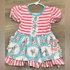 Pink Striped Blue Bunny Ruffle Dress, size XXS (12-18 months)